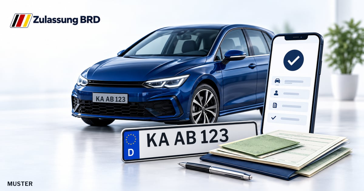 Online Fahrzeugzulassung in Karlsdorf-Neuthard: Musterkennzeichen KA AB 123, Auto und Fahrzeugpapiere und Smartphone. Illustration mit Logo von Zulassung BRD.